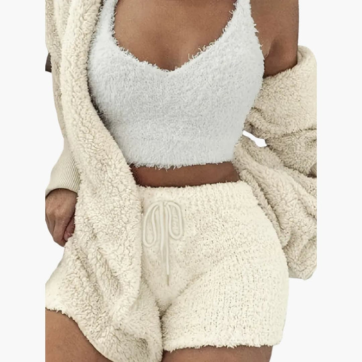 Damen Pyjama Set mit Kapuzen Cardigan und Shorts