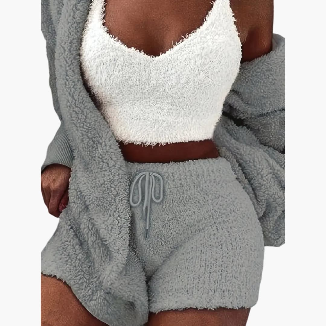 Damen Pyjama Set mit Kapuzen Cardigan und Shorts