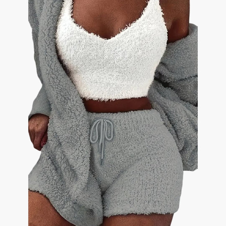 Damen Pyjama Set mit Kapuzen Cardigan und Shorts
