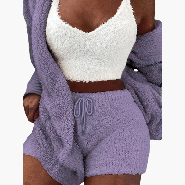 Damen Pyjama Set mit Kapuzen Cardigan und Shorts