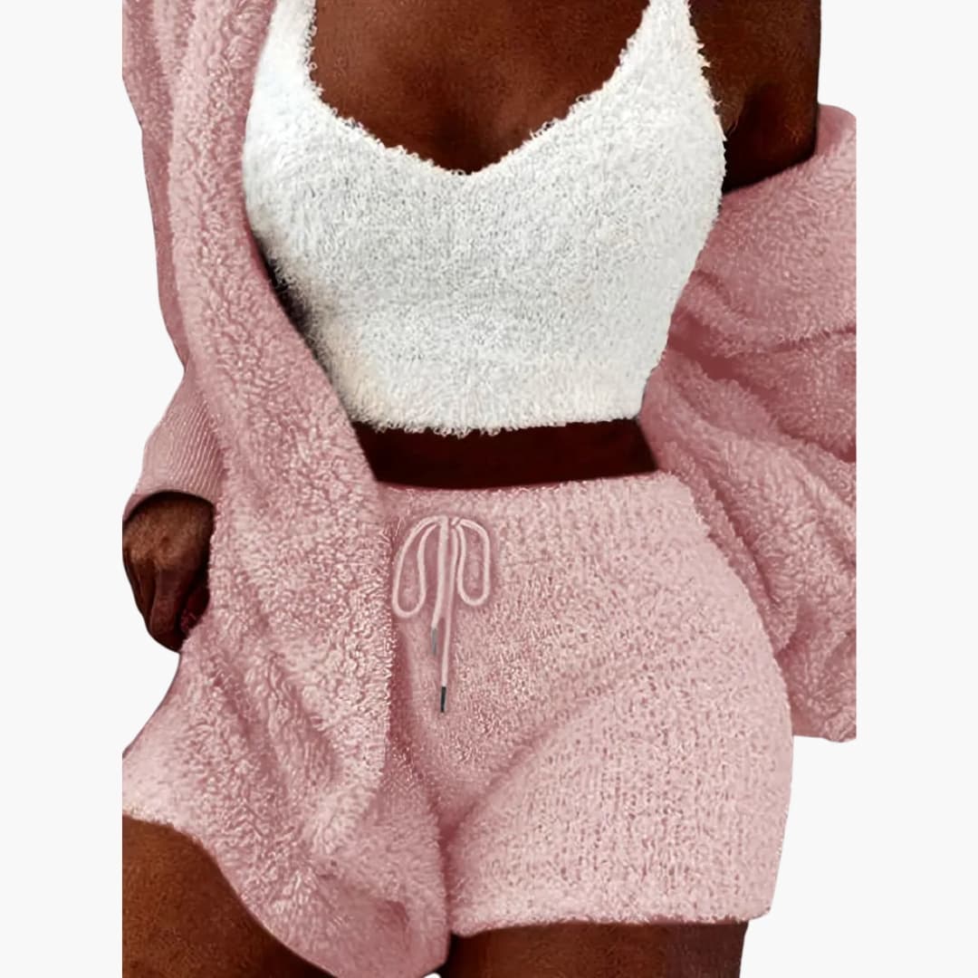 Damen Pyjama Set mit Kapuzen Cardigan und Shorts