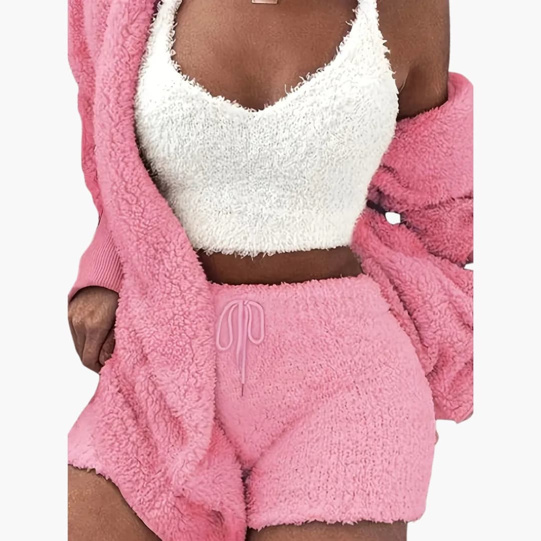 Damen Pyjama Set mit Kapuzen Cardigan und Shorts