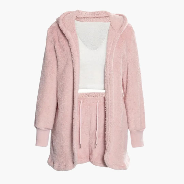 Damen Pyjama Set mit Kapuzen Cardigan und Shorts