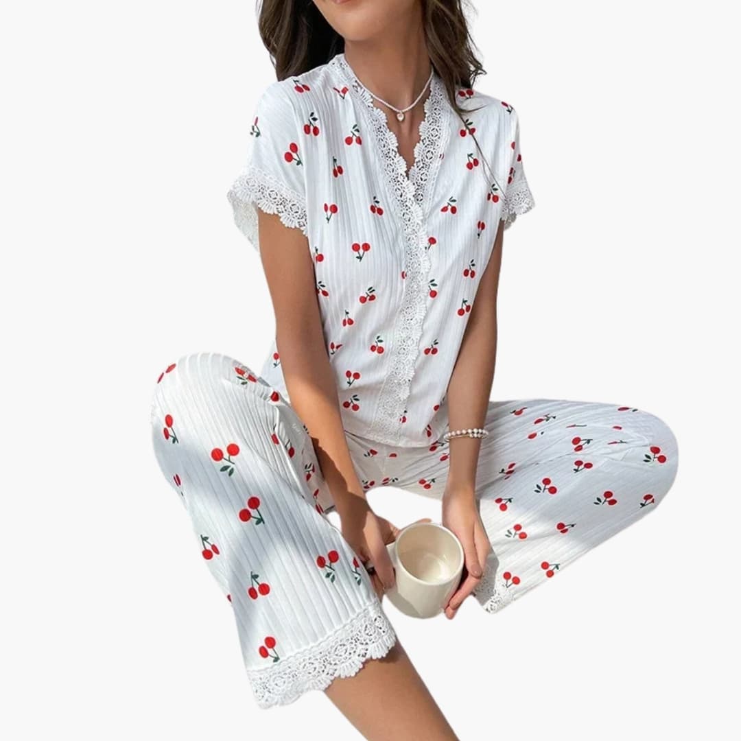 Damen Pyjama Set mit Knopfleiste und Spitzenbesatz