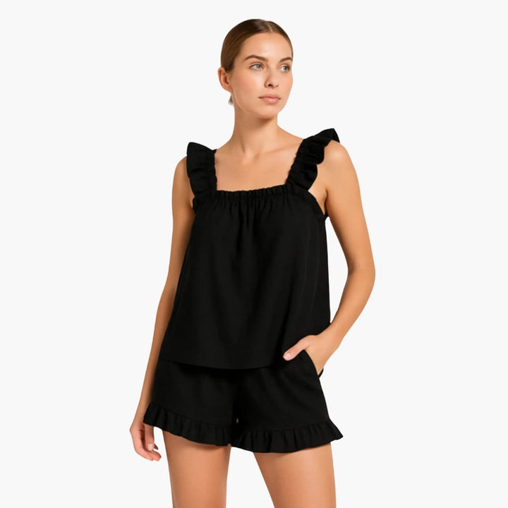 Damen Pyjama Set mit Rüschenträgern und elastischem Bund