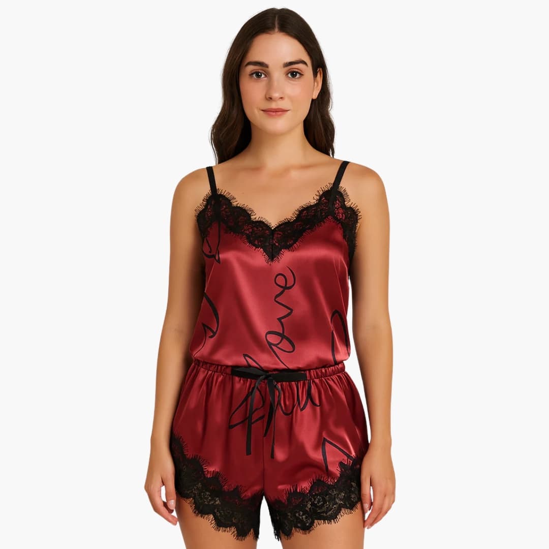 Damen Pyjama Set mit Spaghettitop und Schriftzug Shorts