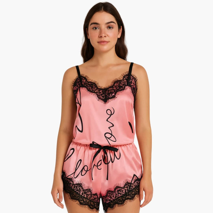 Damen Pyjama Set mit Spaghettitop und Schriftzug Shorts