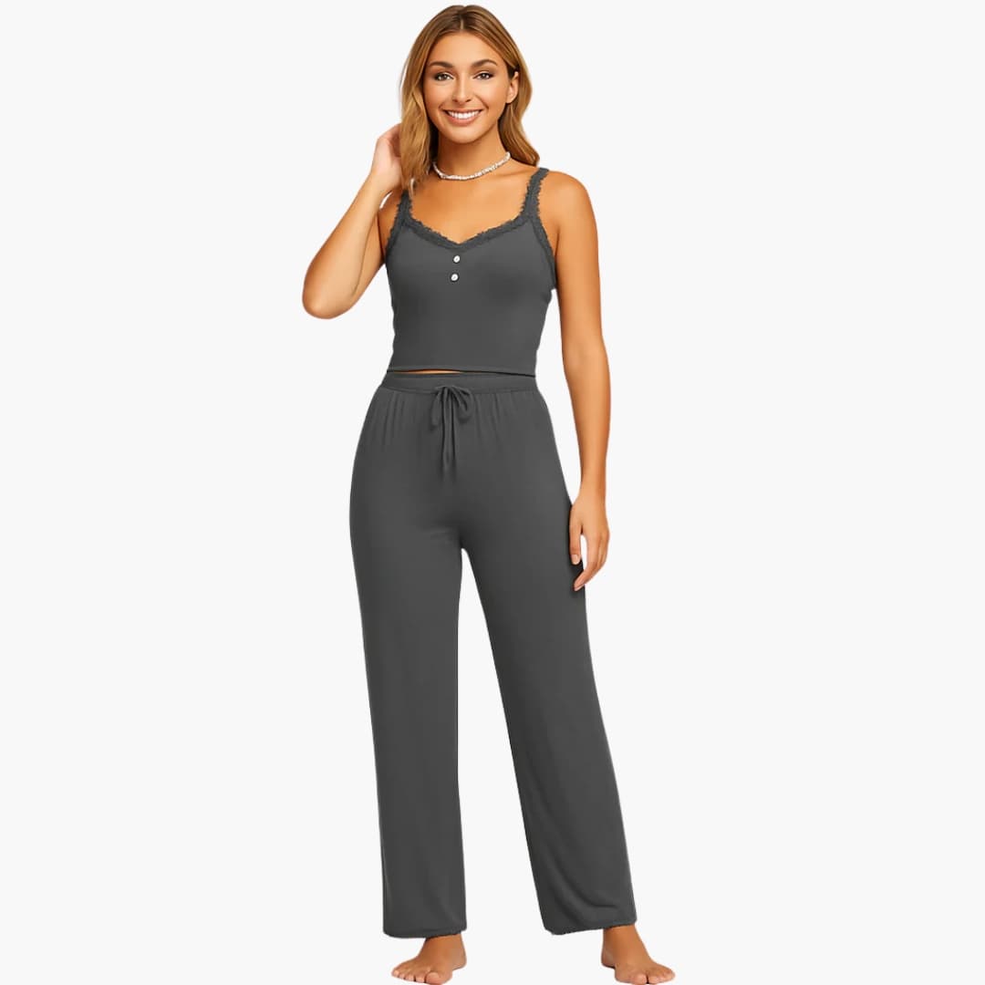 Damen Pyjama Set mit Spitzenausschnitt und Hose mit Kordelzug