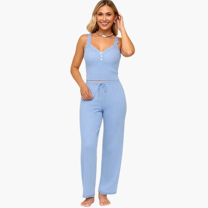 Damen Pyjama Set mit Spitzenausschnitt und Hose mit Kordelzug
