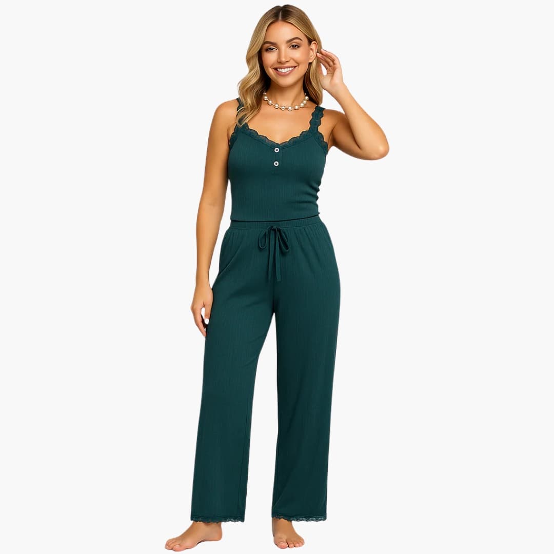 Damen Pyjama Set mit Spitzenausschnitt und Hose mit Kordelzug