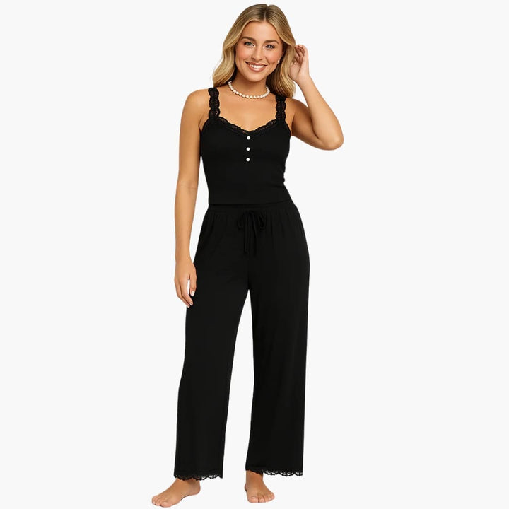 Damen Pyjama Set mit Spitzenausschnitt und Hose mit Kordelzug