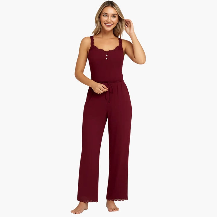 Damen Pyjama Set mit Spitzenausschnitt und Hose mit Kordelzug