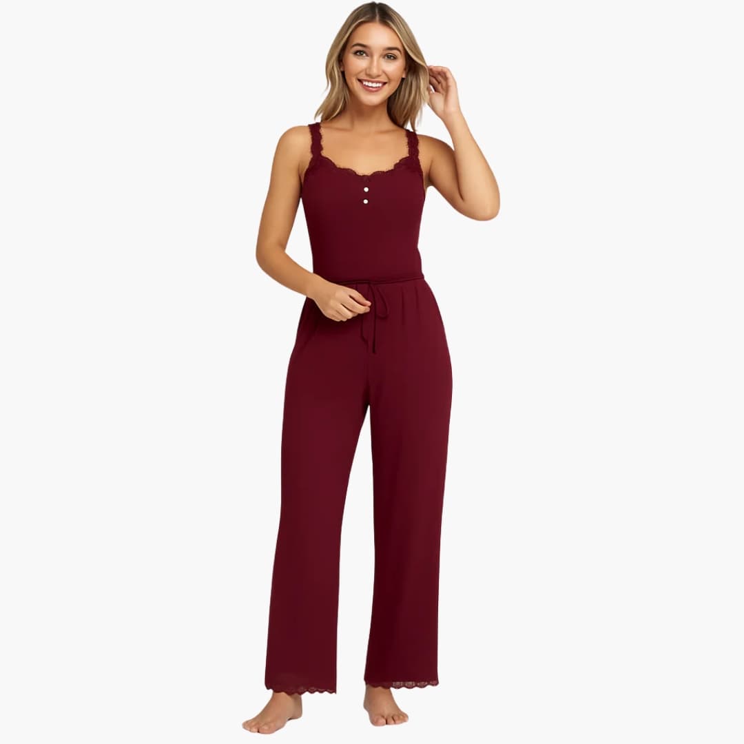 Damen Pyjama Set mit Spitzenausschnitt und Hose mit Kordelzug
