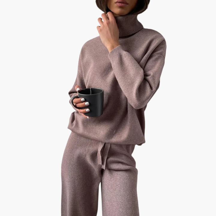 Damen Strick Lounge Set mit Rollkragen und Kordelzughose