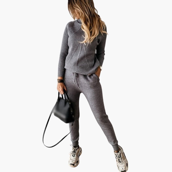 Damen Strick Trainingsanzug mit Rollkragenpullover und Kordelzughose