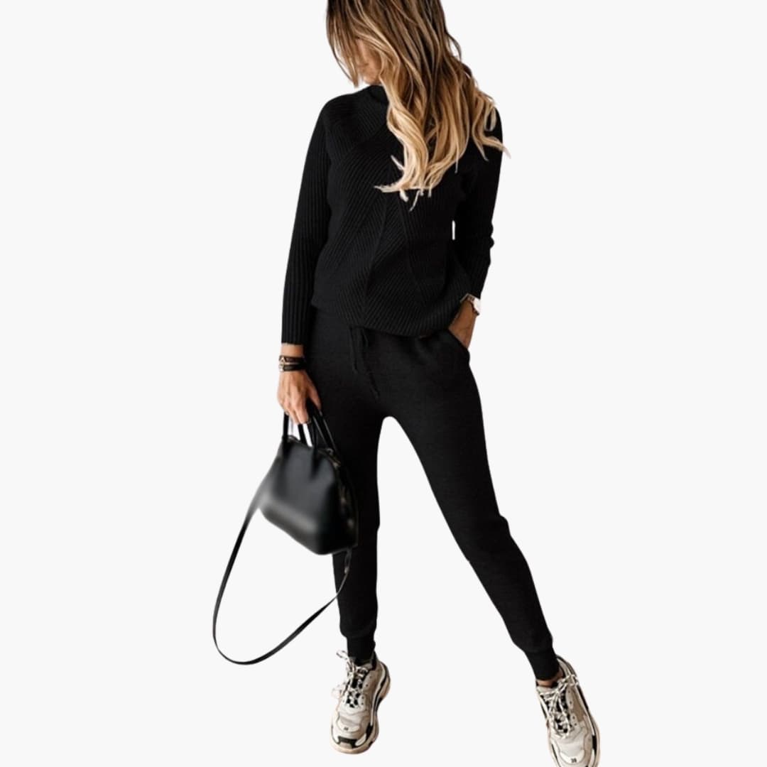 Damen Strick Trainingsanzug mit Rollkragenpullover und Kordelzughose