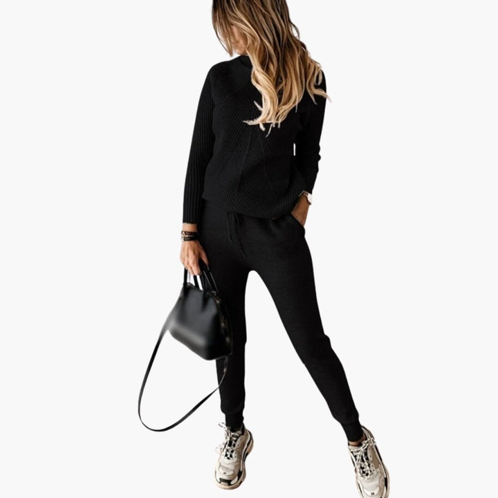 Damen Strick Trainingsanzug mit Rollkragenpullover und Kordelzughose