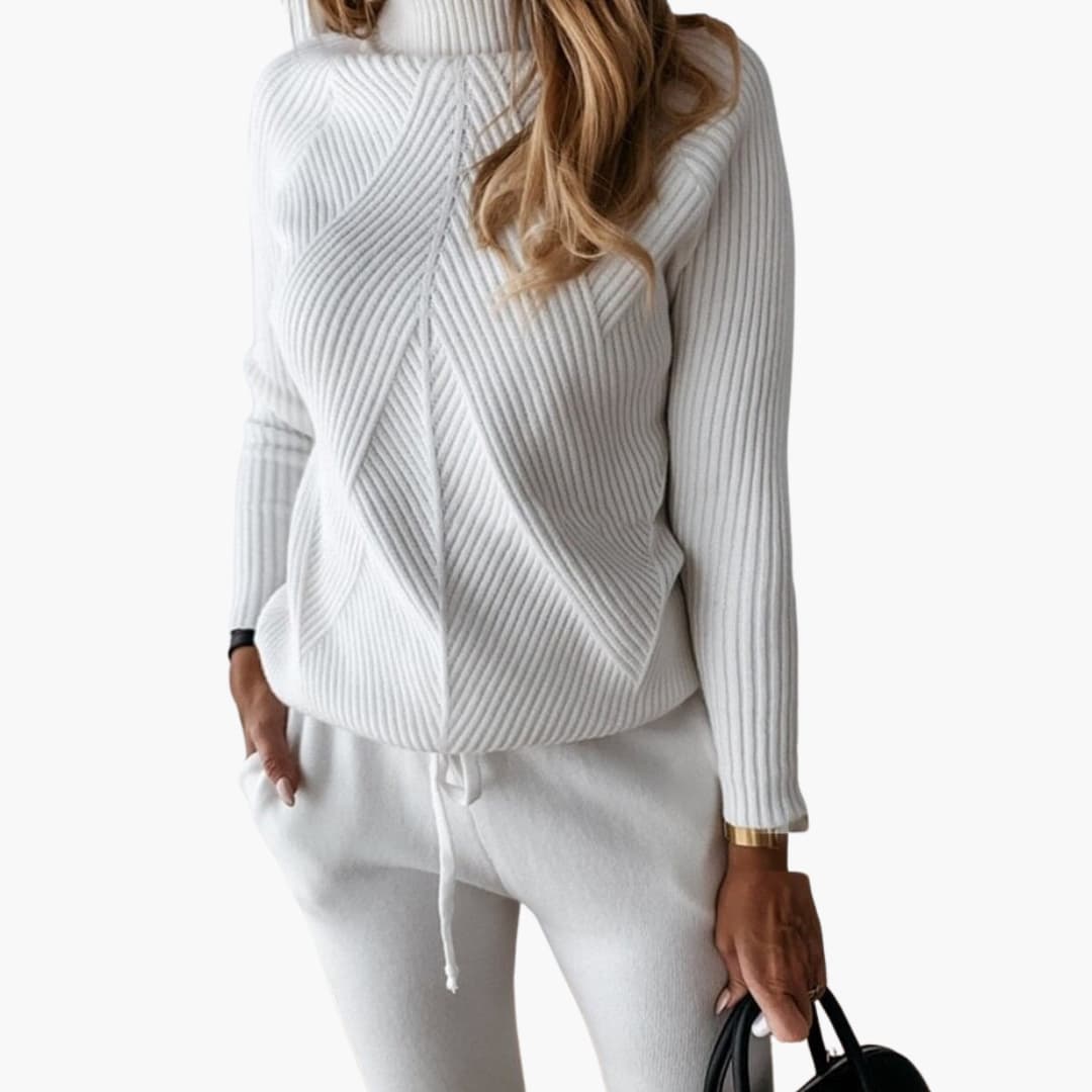 Damen Strick Trainingsanzug mit Rollkragenpullover und Kordelzughose