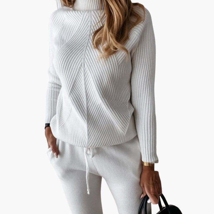 Damen Strick Trainingsanzug mit Rollkragenpullover und Kordelzughose