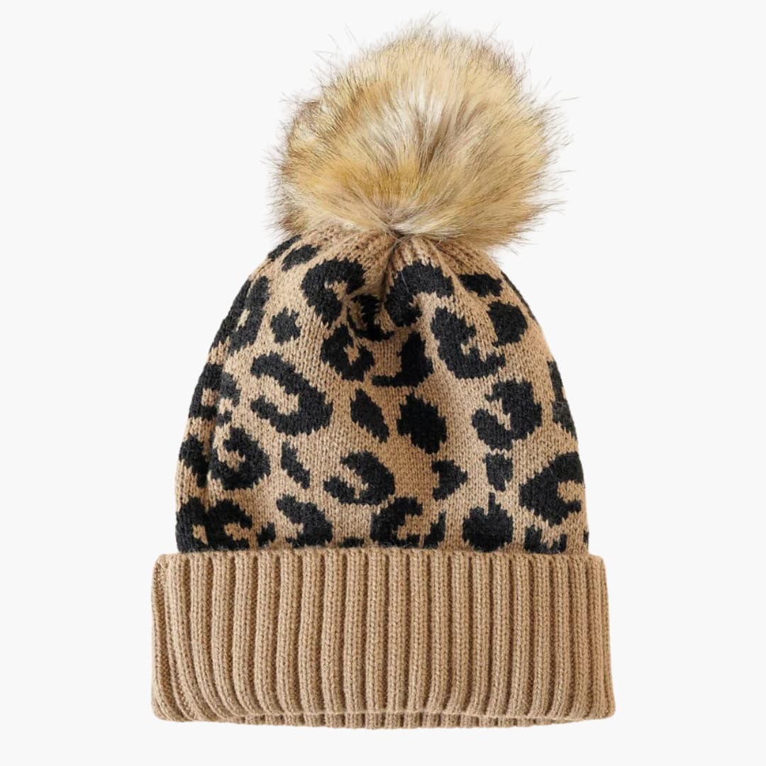 Damen Strickmütze mit Leopardenmuster und Kunstfellbommel