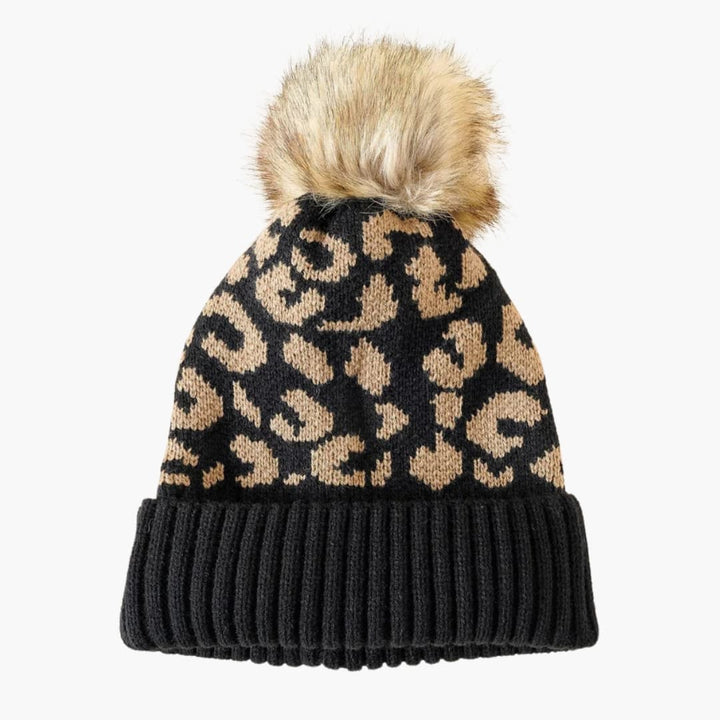 Damen Strickmütze mit Leopardenmuster und Kunstfellbommel