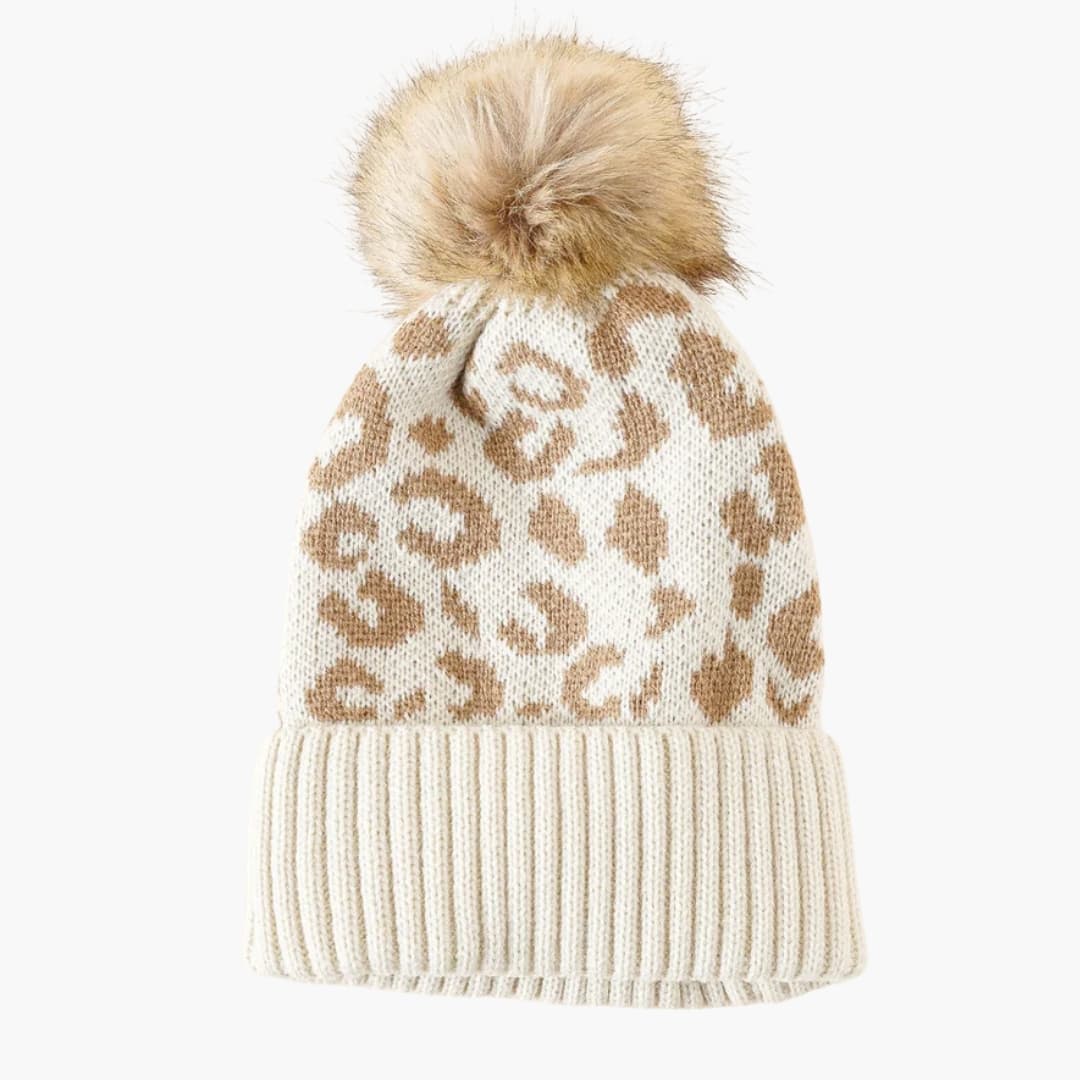 Damen Strickmütze mit Leopardenmuster und Kunstfellbommel