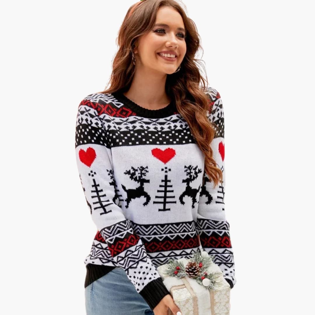 Damen Strickpullover mit Innenfutter und Rentiermotiv