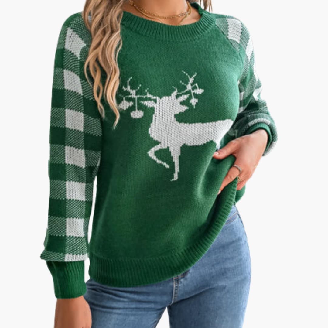 Damen Strickpullover mit Rundhalsausschnitt und festlich gewebten Motiven