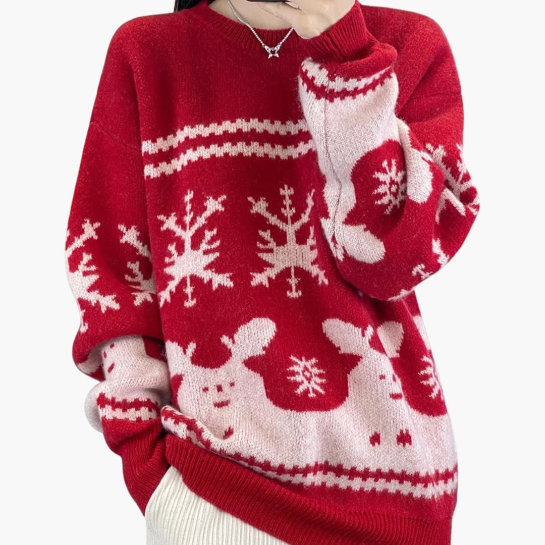 Damen Strickpullover mit festlichem Muster und Rundhalsausschnitt