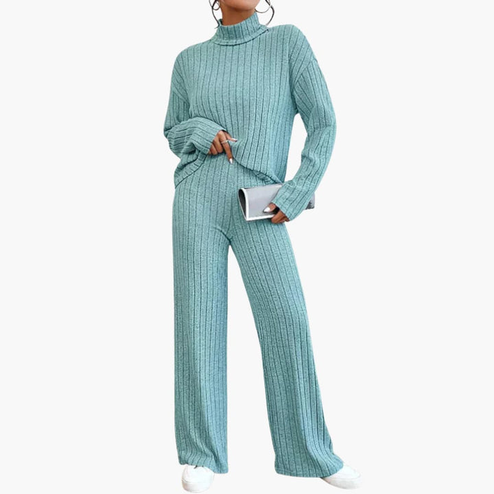 Damen Strickpullover und Hose Set mit Ripp Optik