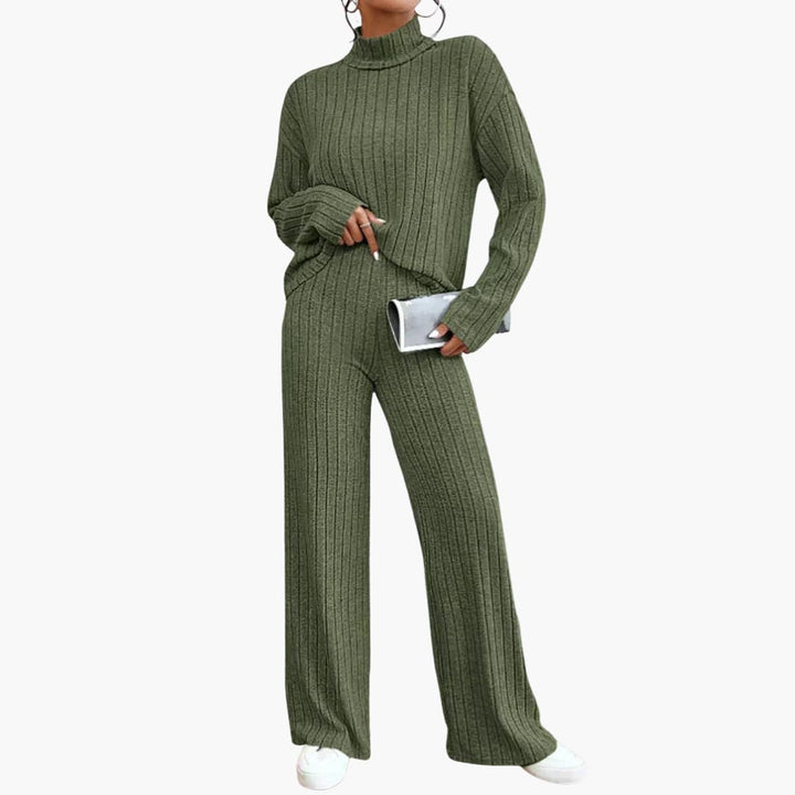 Damen Strickpullover und Hose Set mit Ripp Optik