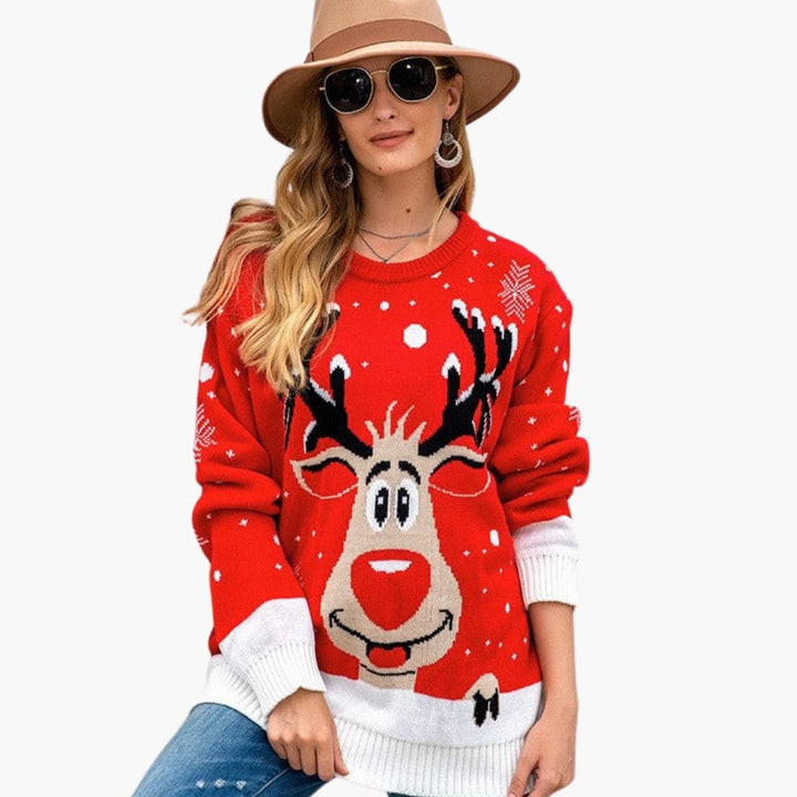 Damen Weihnachts Rundhalspullover mit Rentiermotiv