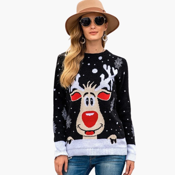 Damen Weihnachts Rundhalspullover mit Rentiermotiv