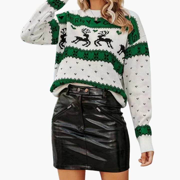 Damen Weihnachtspullover mit Rentier Motiven und gerippten Abschlüssen