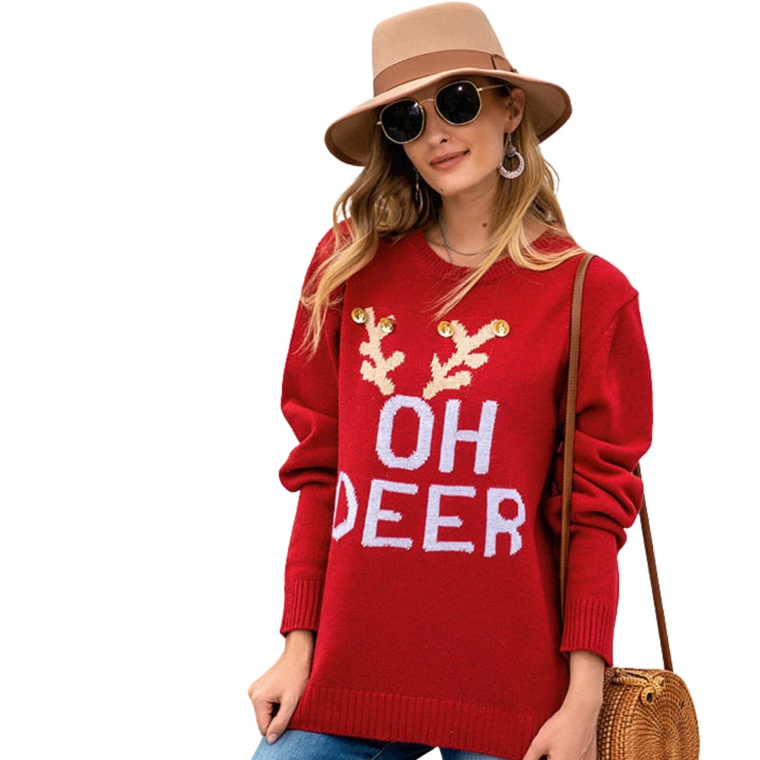 Damen Weihnachtspullover mit Rentiermotiv und Knopfdetails