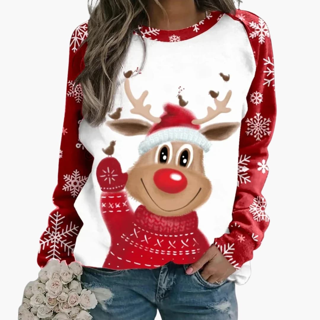 Damen Weihnachtspullover mit Rentiermotiv und Raglanärmeln