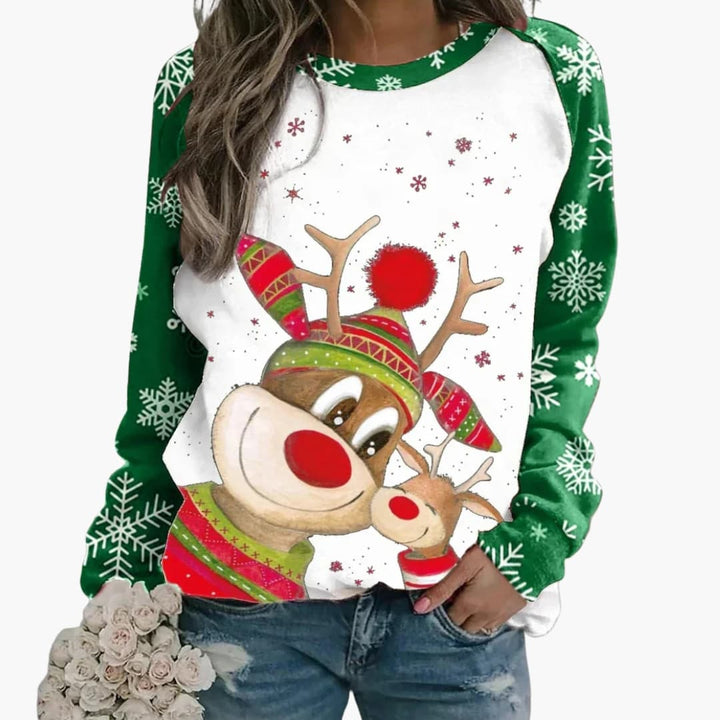 Damen Weihnachtspullover mit Rentiermotiv und Raglanärmeln
