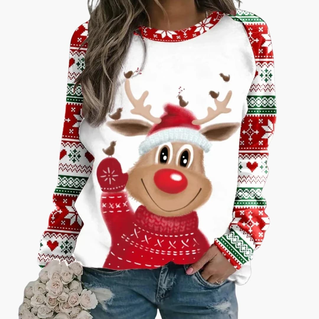 Damen Weihnachtspullover mit Rentiermotiv und Raglanärmeln