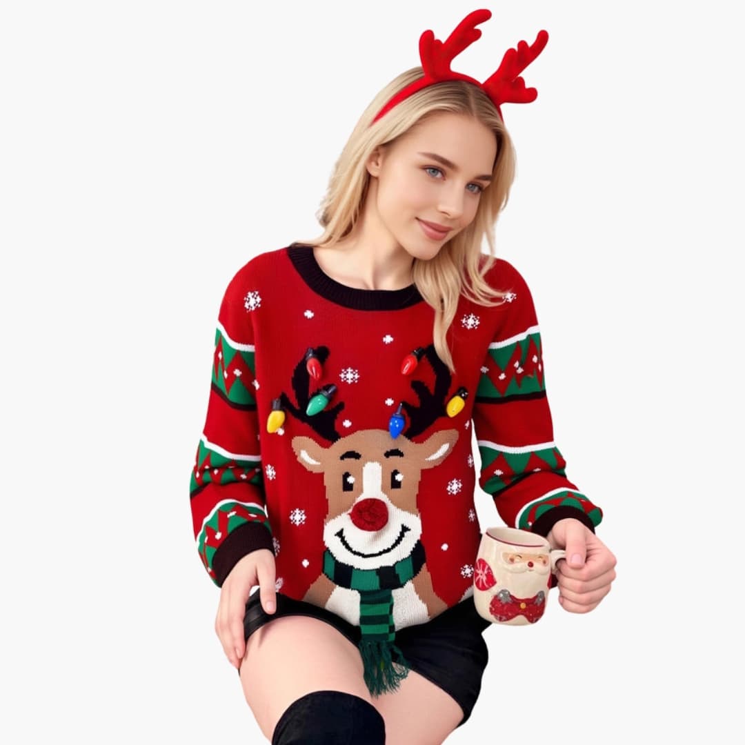 Damen Weihnachtspullover mit Rentiermotiv und Rundhalsausschnitt