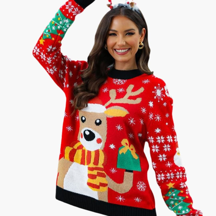 Damen Weihnachtspullover mit Rentiermotiv und Strickmuster