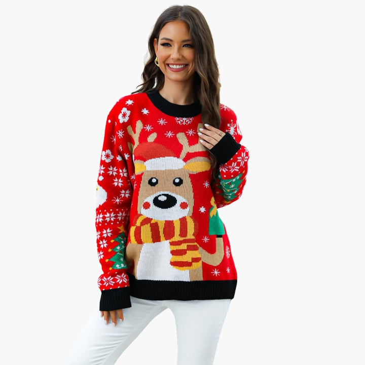 Damen Weihnachtspullover mit Rentiermotiv und Strickmuster