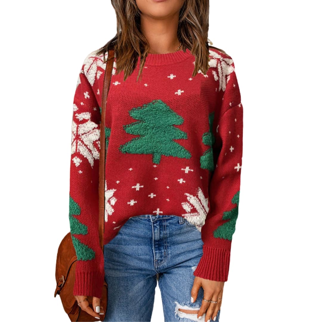 Damen Weihnachtspullover mit Rundhalsausschnitt und Baumdesign