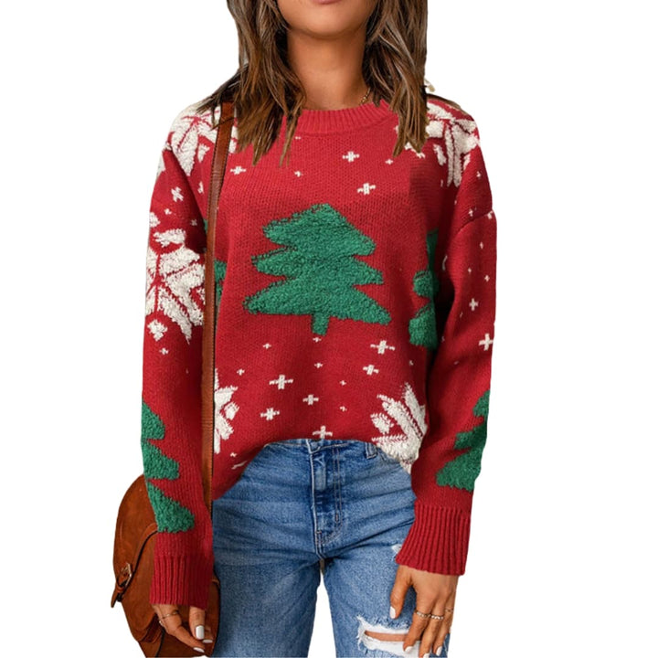 Damen Weihnachtspullover mit Rundhalsausschnitt und Baumdesign