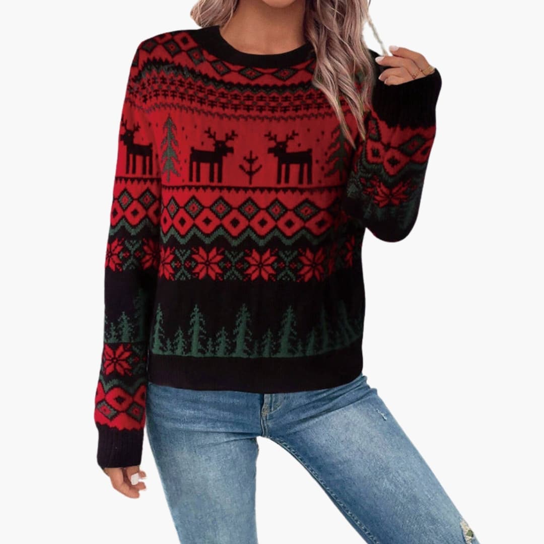 Damen Weihnachtspullover mit Rundhalsausschnitt und Rentiermuster