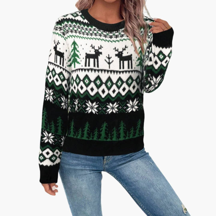 Damen Weihnachtspullover mit Rundhalsausschnitt und Rentiermuster
