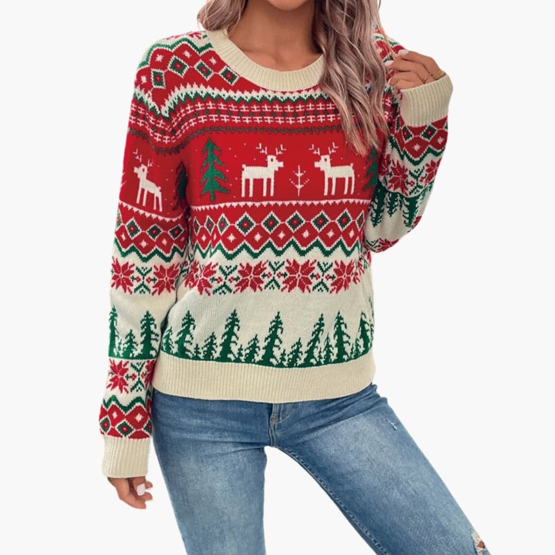 Damen Weihnachtspullover mit Rundhalsausschnitt und Rentiermuster