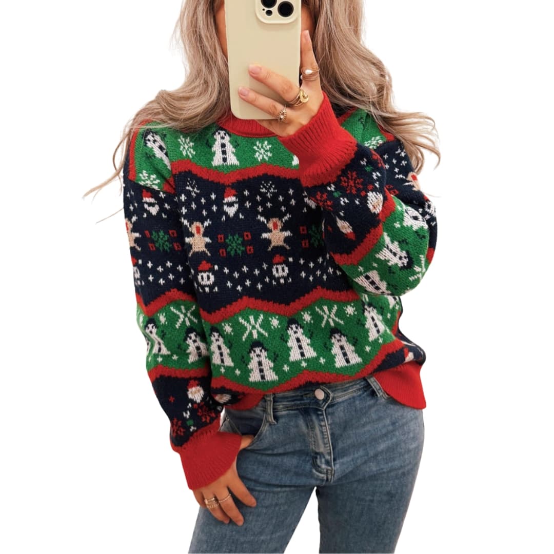 Damen Weihnachtspullover mit Rundhalsausschnitt und Strickmuster