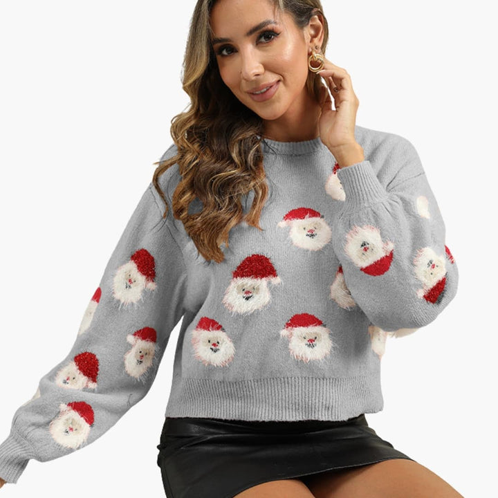 Damen Weihnachtspullover mit Rundhalsausschnitt und Weihnachtsmannmuster