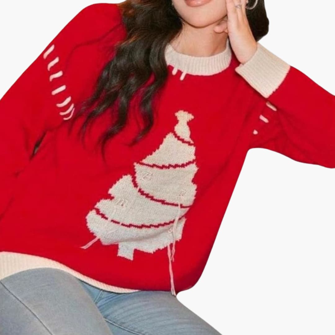Damen Weihnachtspullover mit Rundhals und Baum Motiv