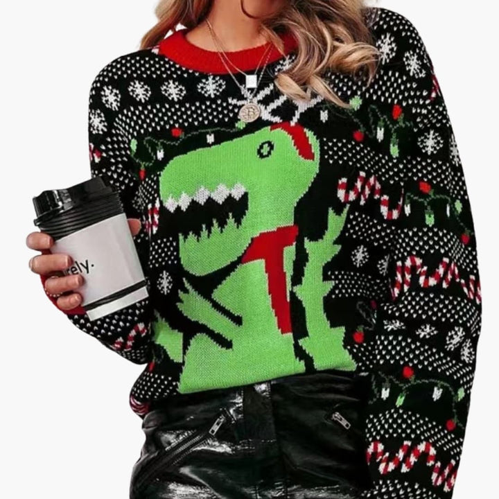 Damen Weihnachtspullover mit Rundhals und Dino Motiv